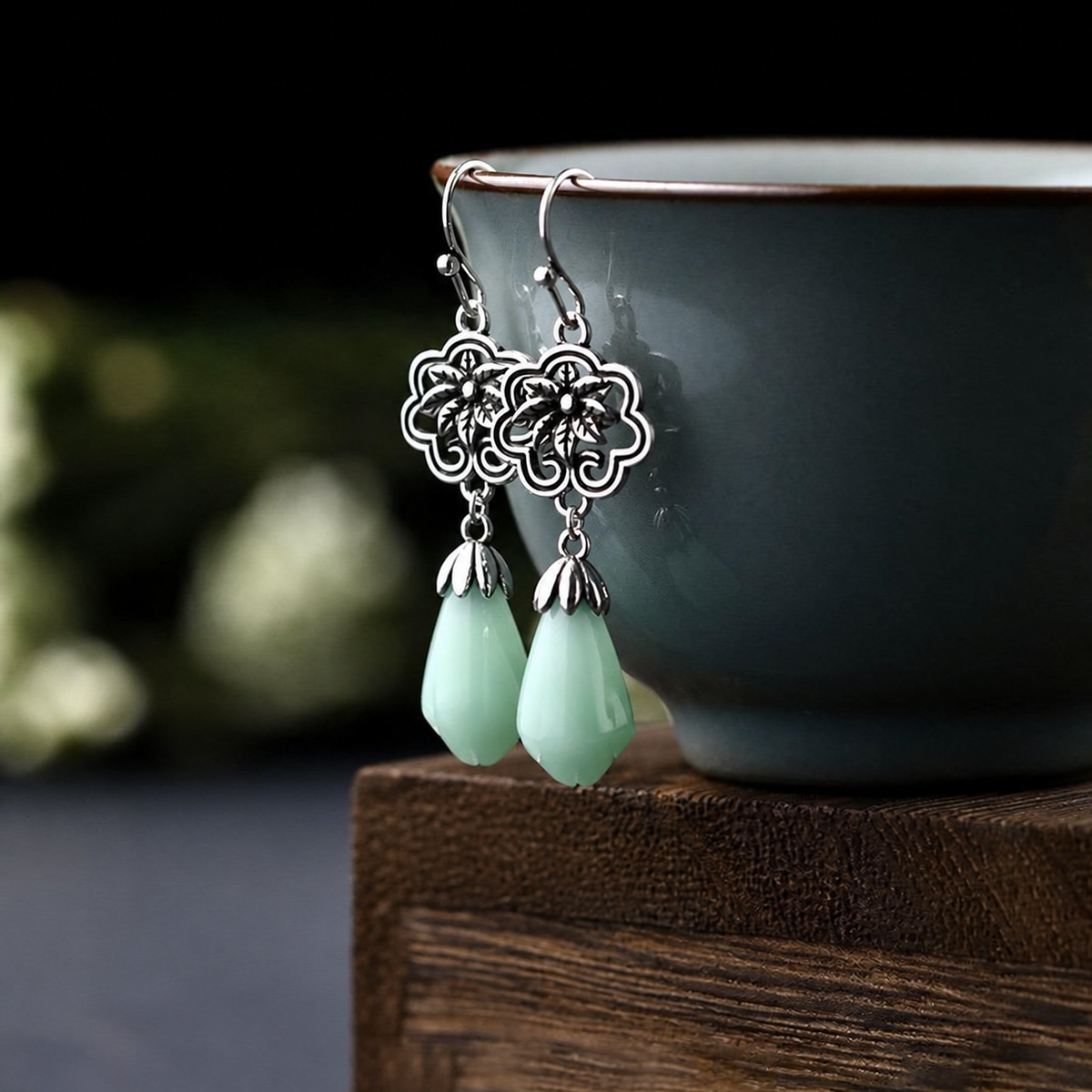 Pale Green Floral Drop Earrings