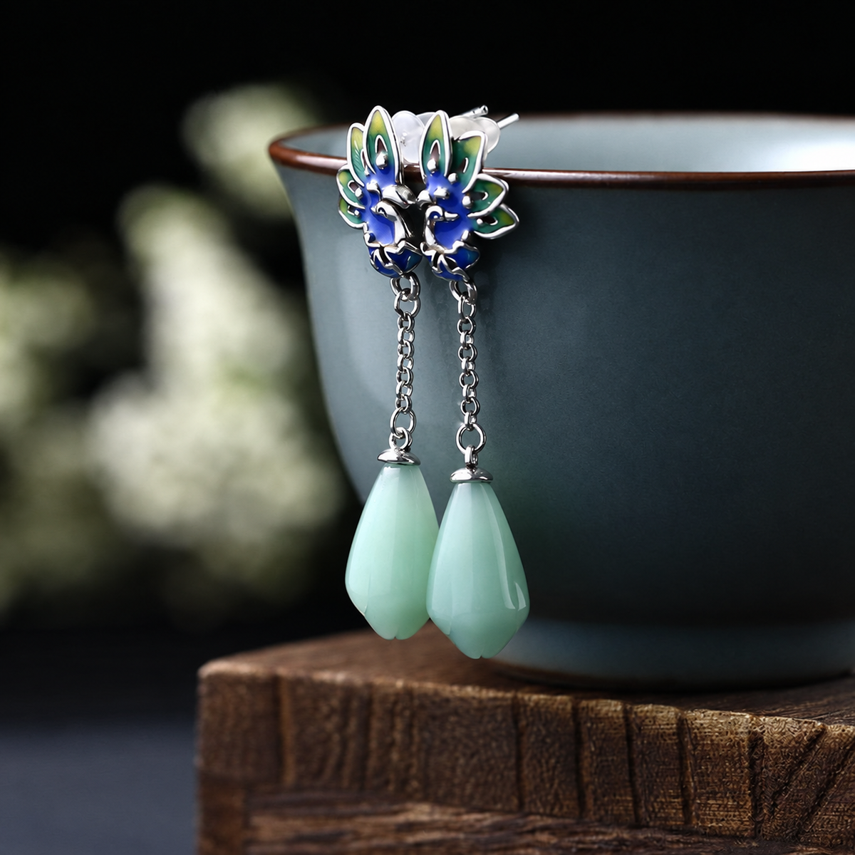 Blue Motif Long Drop Earrings