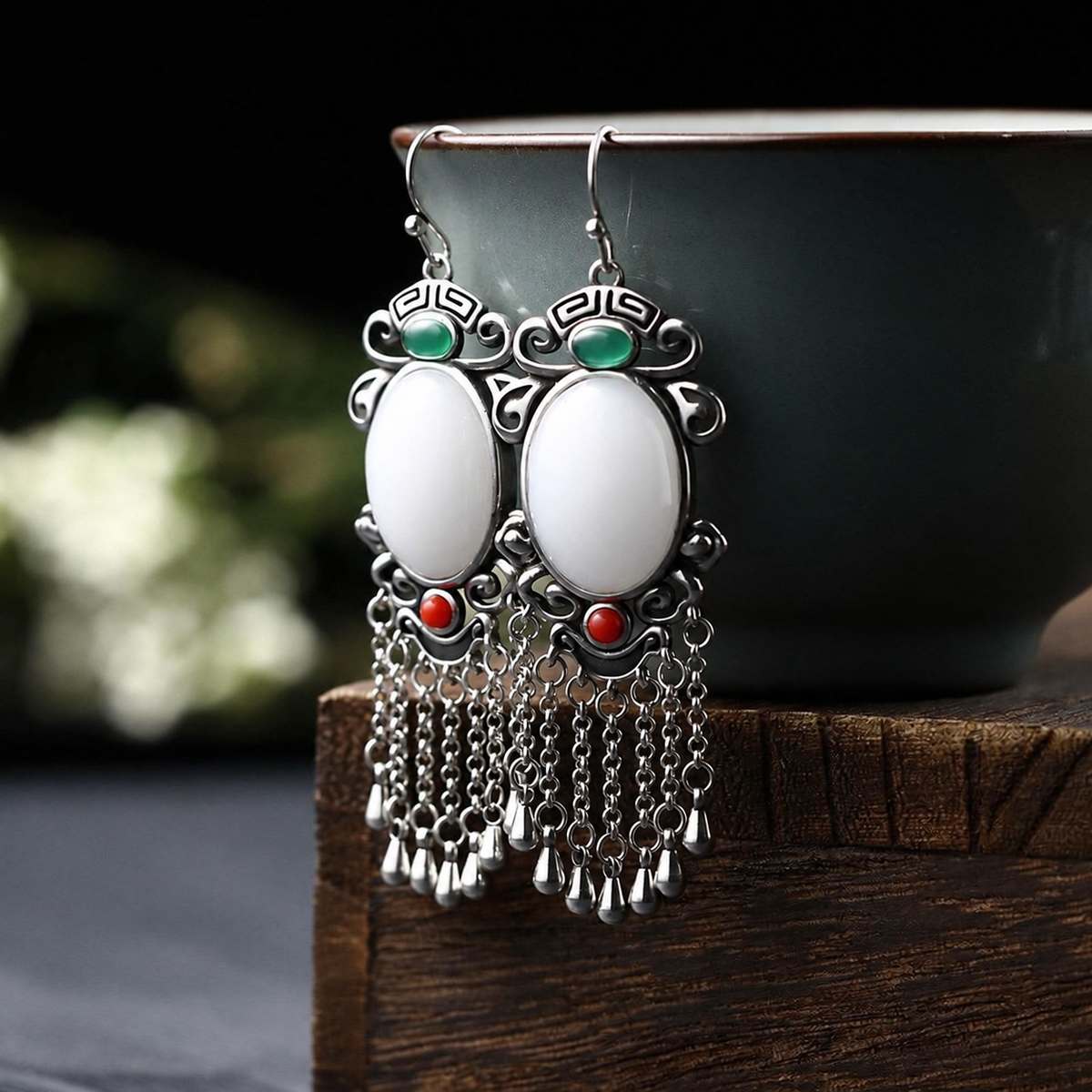 White Oval Chandelier Earrings