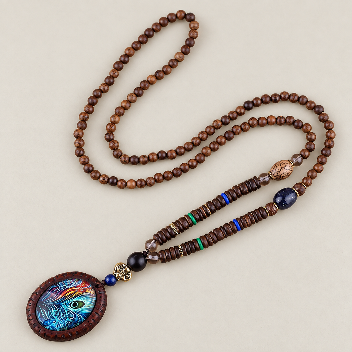 Peacock Feather Oval Pendant Necklace