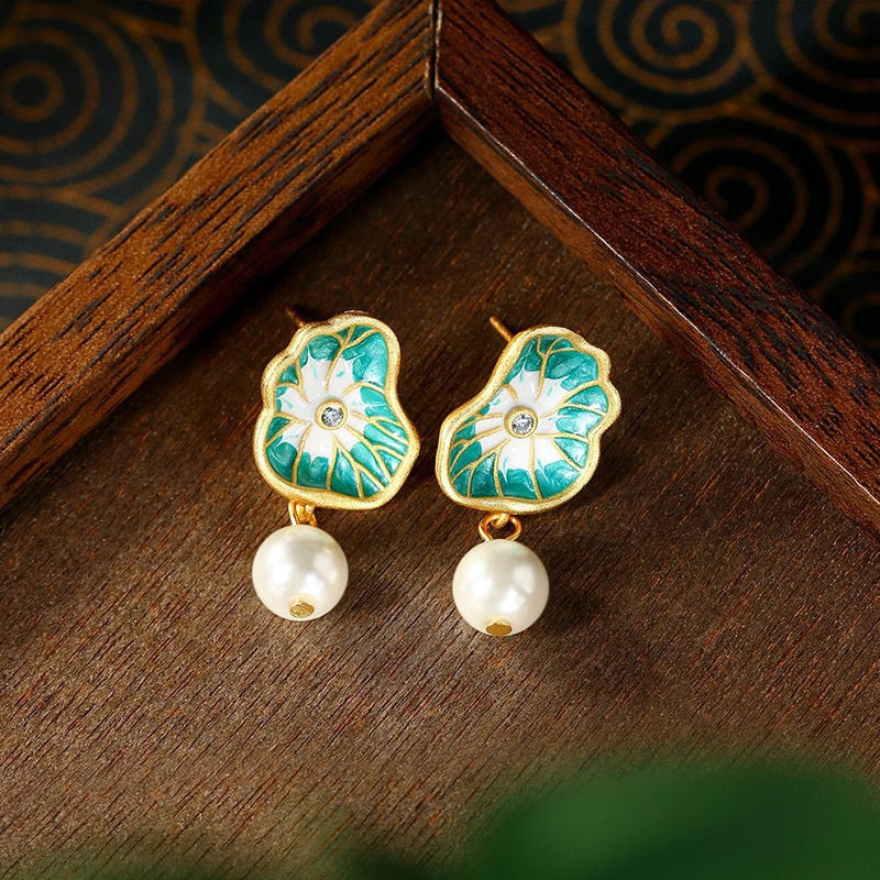 Teal Lotus Leaf & Ivory Drop Earrings