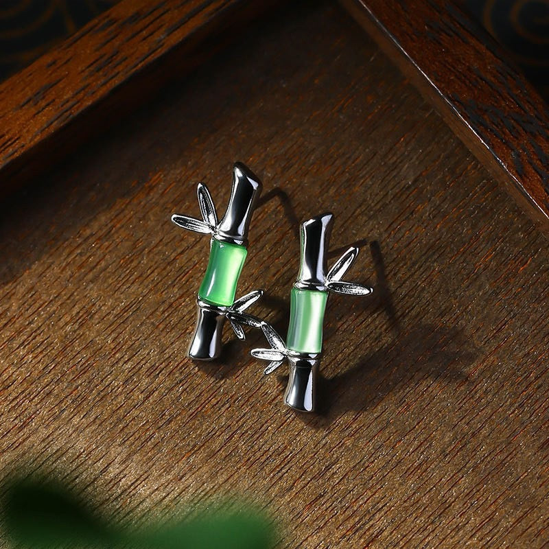 Green Bamboo Motif Stud Earrings