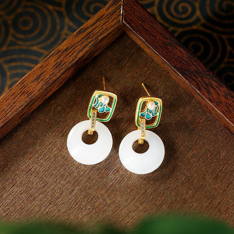 Green Floral & White Circle Drop Earrings