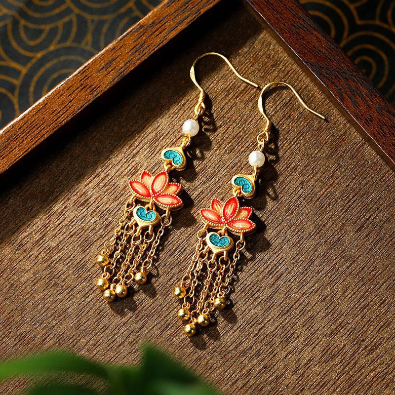 Red Lotus Chain Tassel Earrings