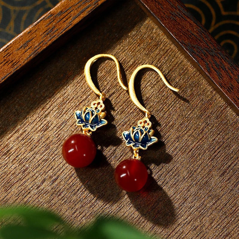 Blue Lotus & Crimson Bead Drop Earrings