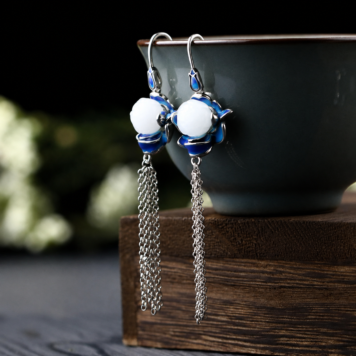 Blue and White Chain Tassel Earrings