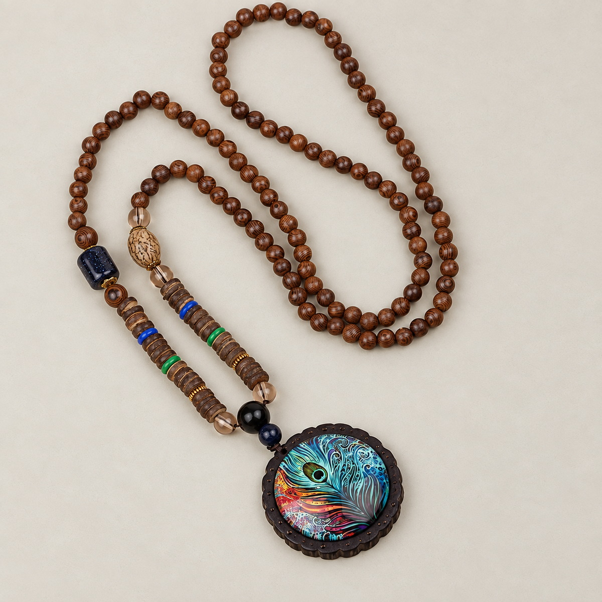 Peacock Feather Round Medallion Necklace