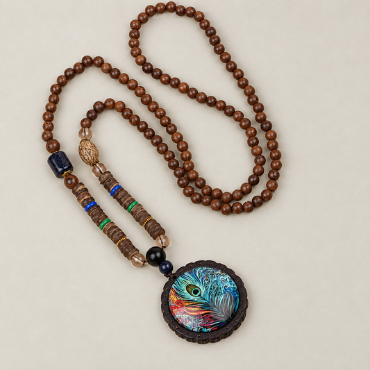 Peacock Feather Round Medallion Necklace