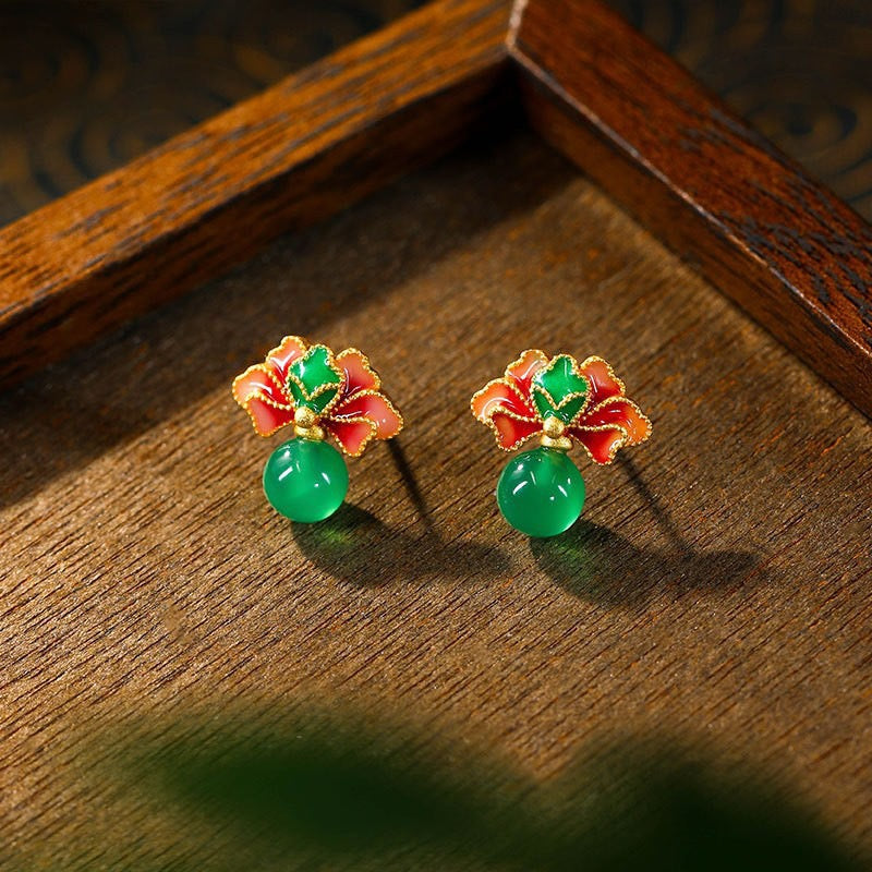Crimson Blossom & Green Bead Earrings