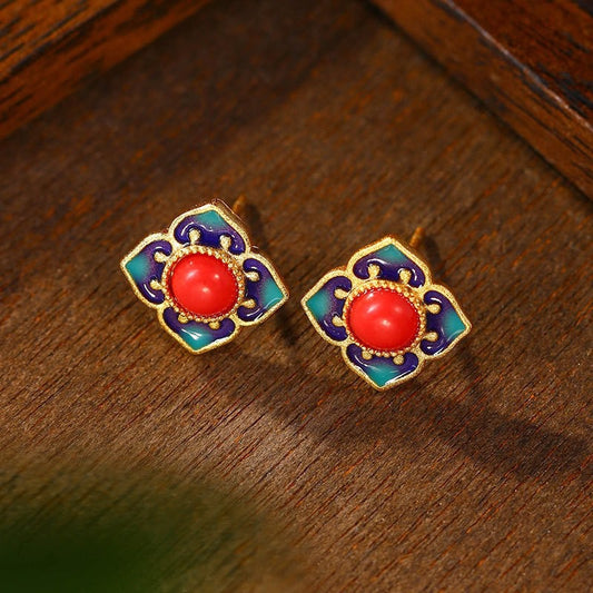Scarlet & Blue Floral Stud Earrings