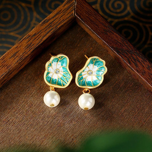 Teal Lotus Leaf & Ivory Drop Earrings