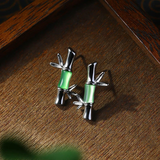Green Bamboo Motif Stud Earrings