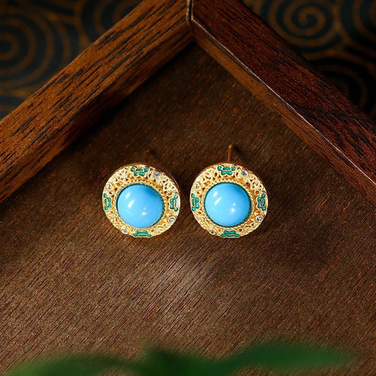 Sky Blue Ornate Round Stud Earrings