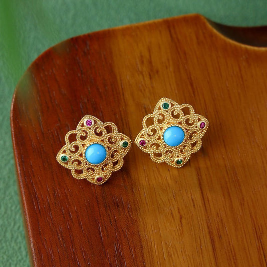 Sky Blue Filigree Floral Stud Earrings