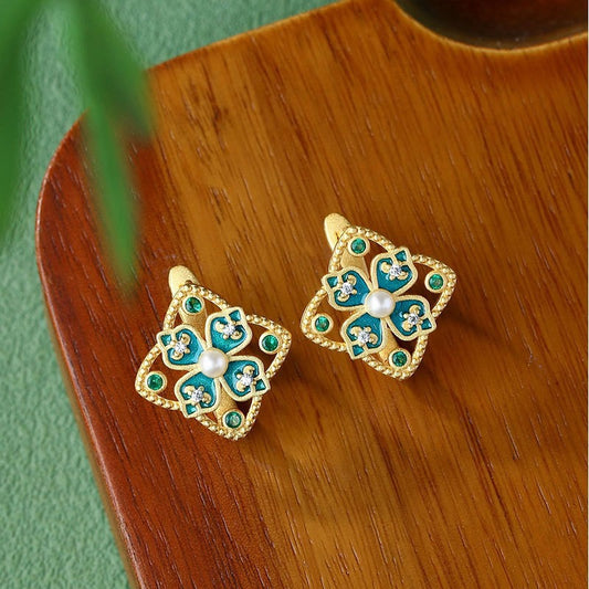 Teal Clover-Inspired Stud Earrings