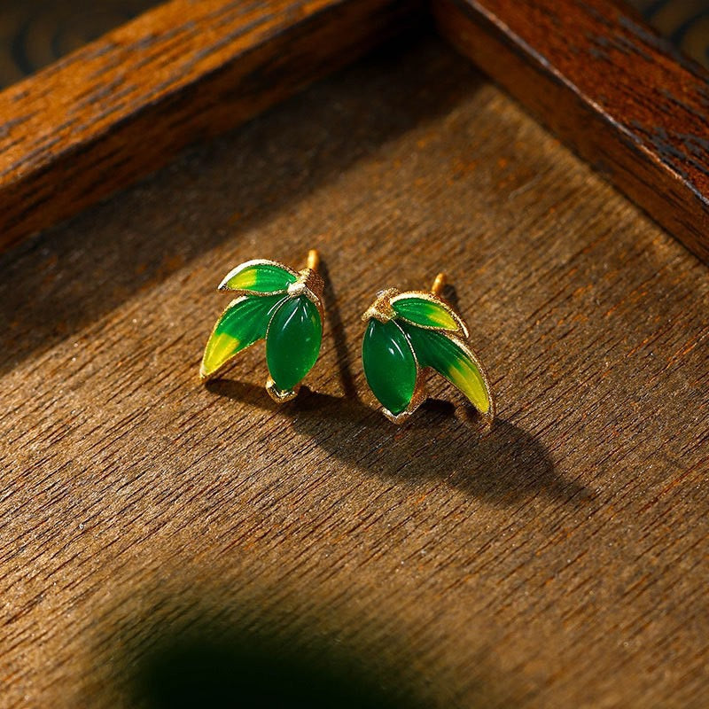 Forest Green Leaf Stud Earrings