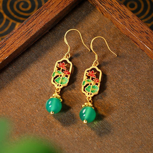 Lotus Garden & Green Bead Drop Earrings