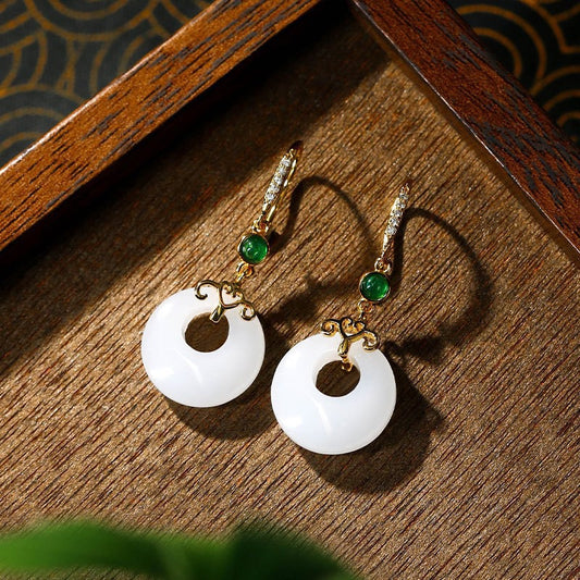 White Circle & Green Accent Earrings