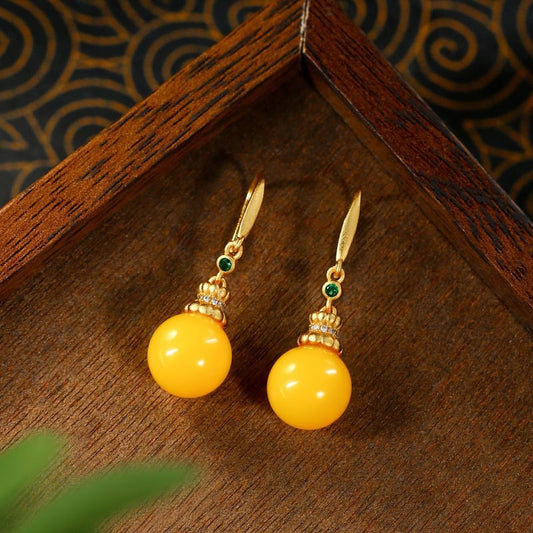 Golden Yellow Bead & Green Accent Earrings