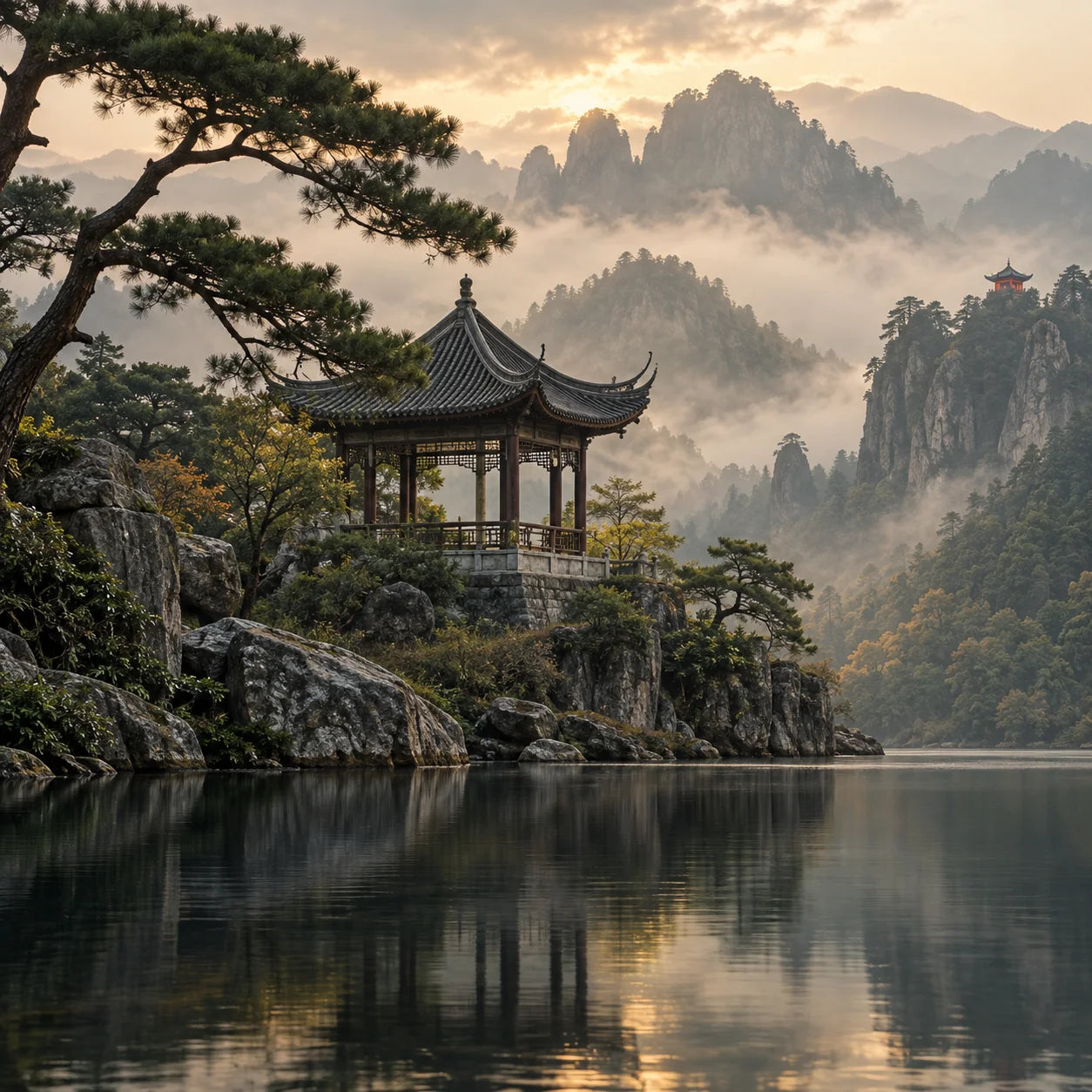 Misty mountains and a traditional Chinese pavilion beside a lake